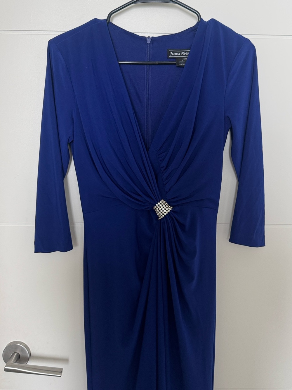 Jessica Howard Deep Blue Long Sleeve Evening Dress with Rhinestone Accent